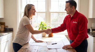 A Cowboys technician shaking hands with a customer
