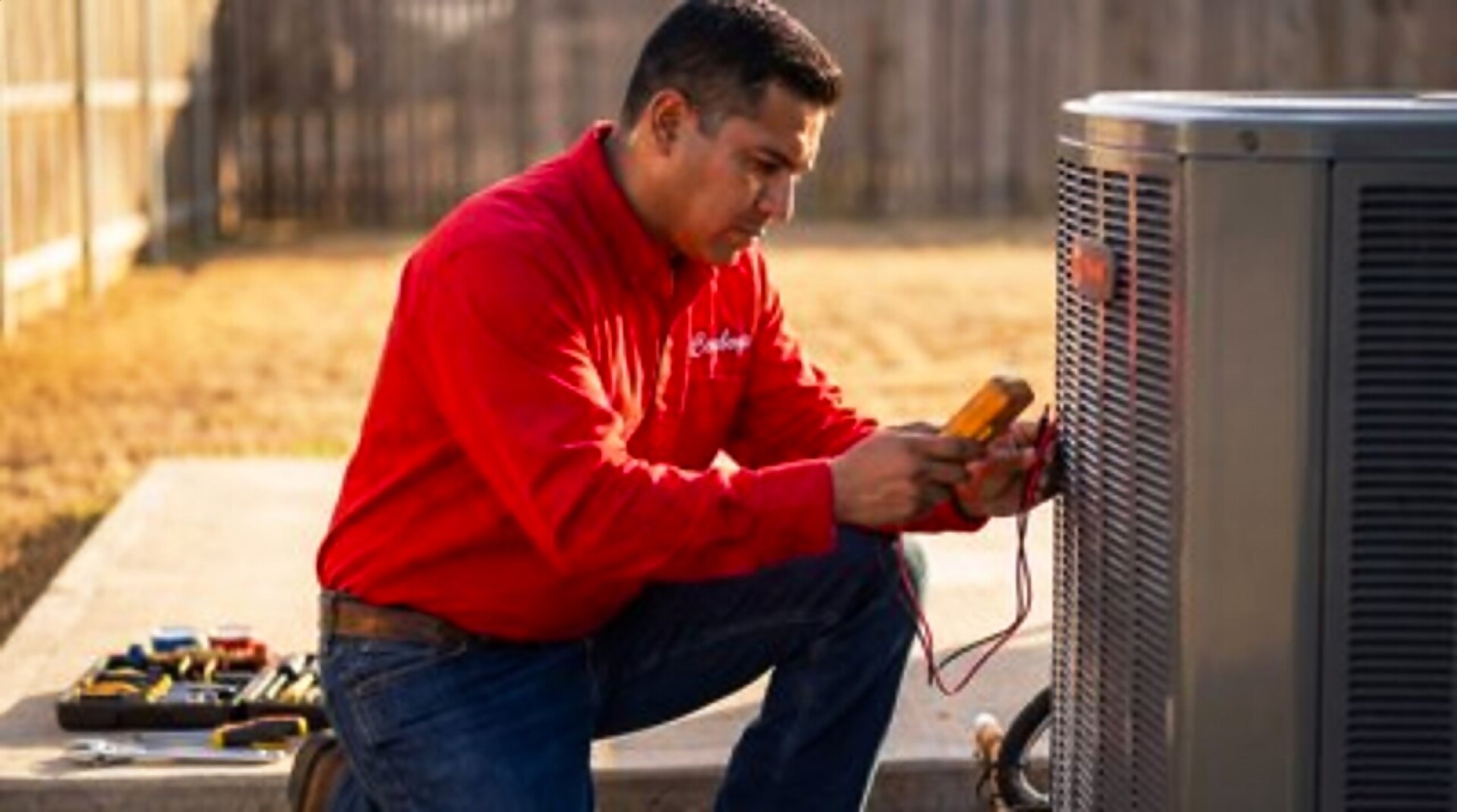 Technician metering an outdoor condenser unit