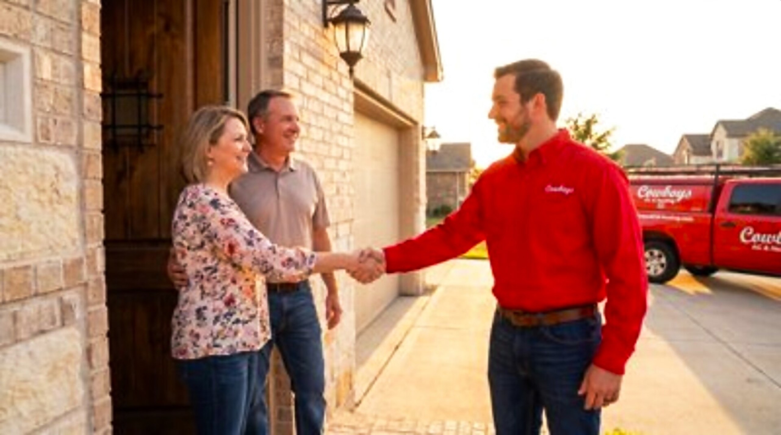 Technician shaking hands with homeowners beside a Cowboy's truck