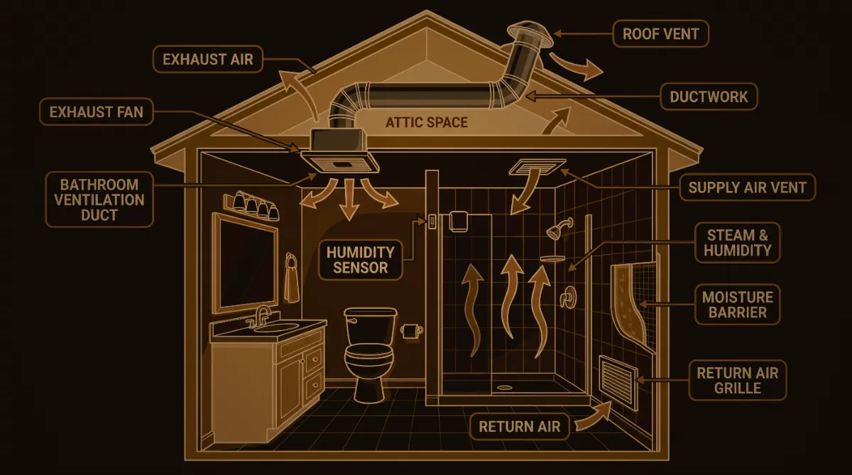 Cutaway of a bathroom and attic showing exhaust fan ducting to the roof, humidity sensor and return air
