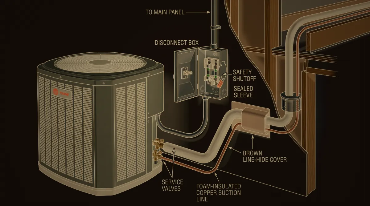 Labelled diagram of an outdoor condenser: disconnect box, safety shutoff, sealed sleeve, foam-insulated suction line, service valves