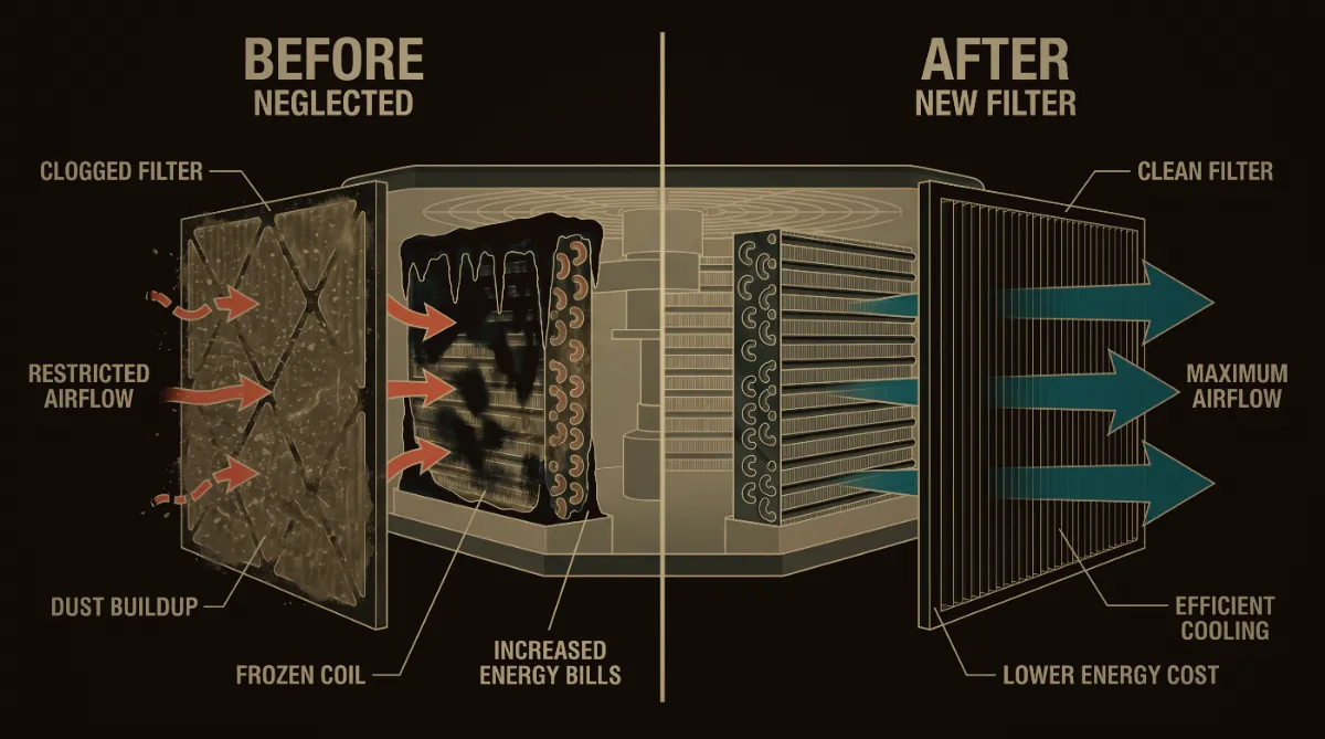 Cutaway of an air handler showing a neglected clogged filter beside a new one