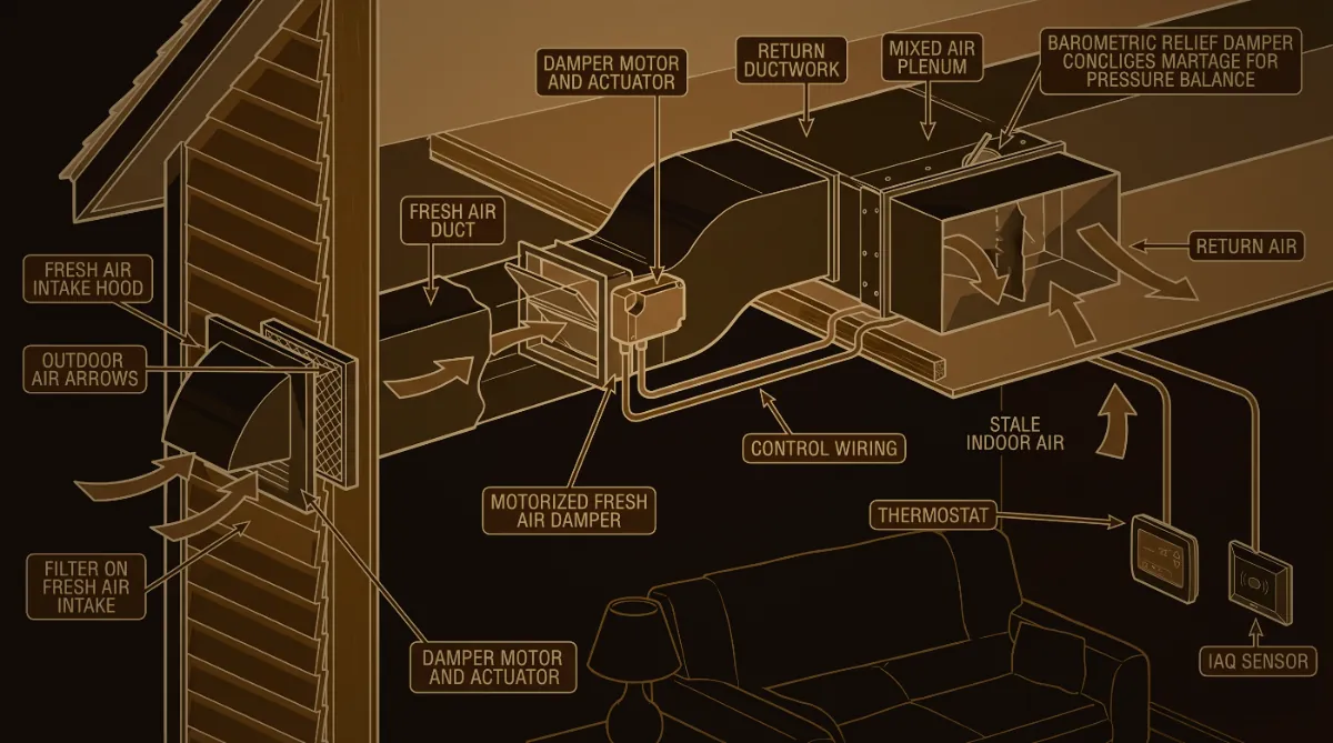 Diagram of a motorised fresh-air damper connecting an outdoor intake to the return plenum, with control wiring to the thermostat