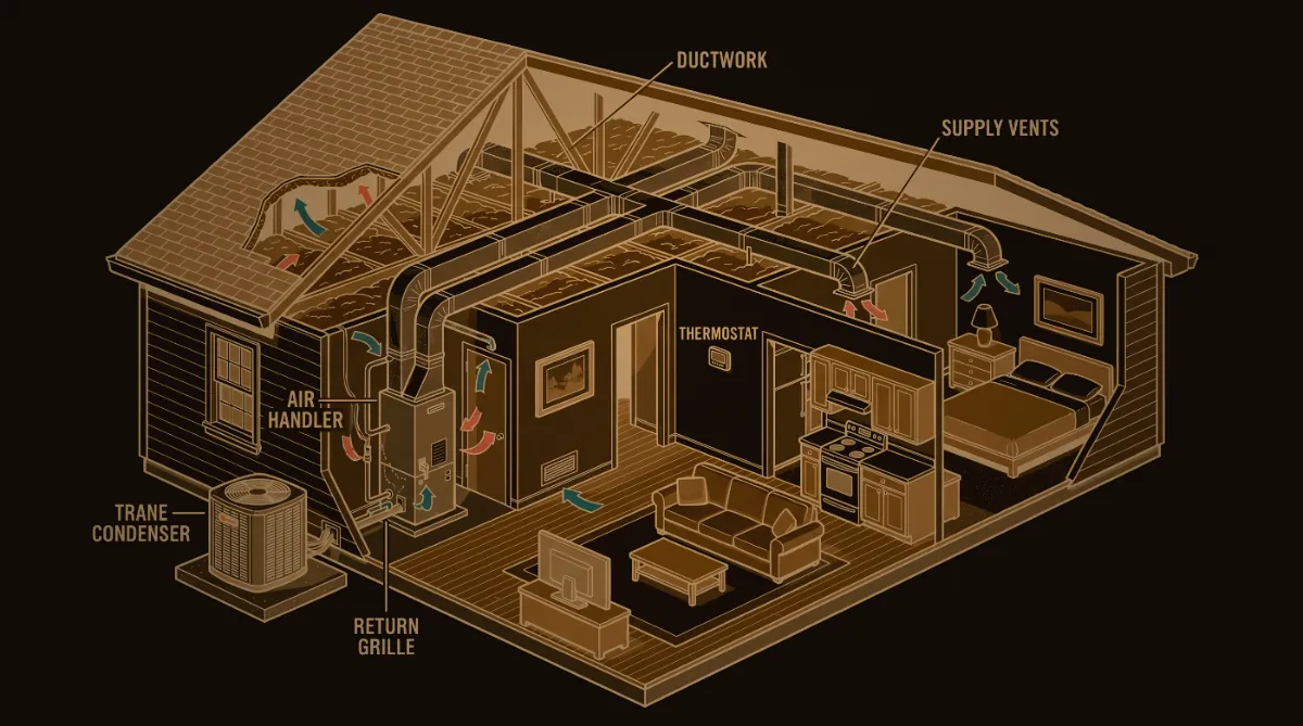 Cutaway of a single-storey house showing attic ductwork, supply registers and return grille with airflow arrows
