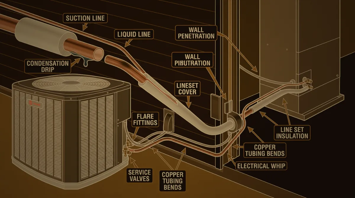 Diagram of a refrigerant line set from condenser through a wall penetration, showing liquid line, flare fittings and lineset cover
