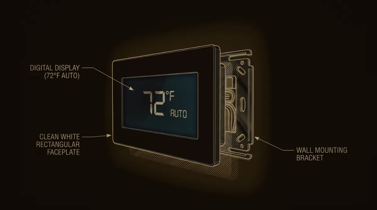 Exploded view of a smart thermostat display, base plate and wiring on a wall