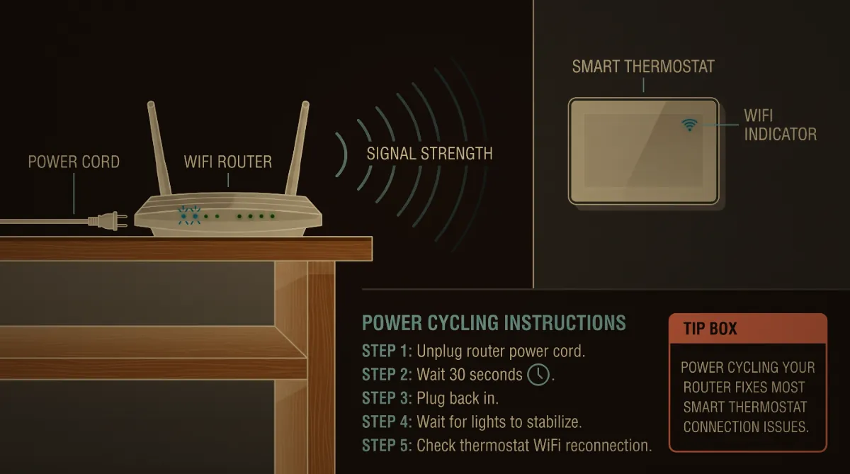 Diagram of a Wi‑Fi router, signal strength and a smart thermostat with power cycling steps