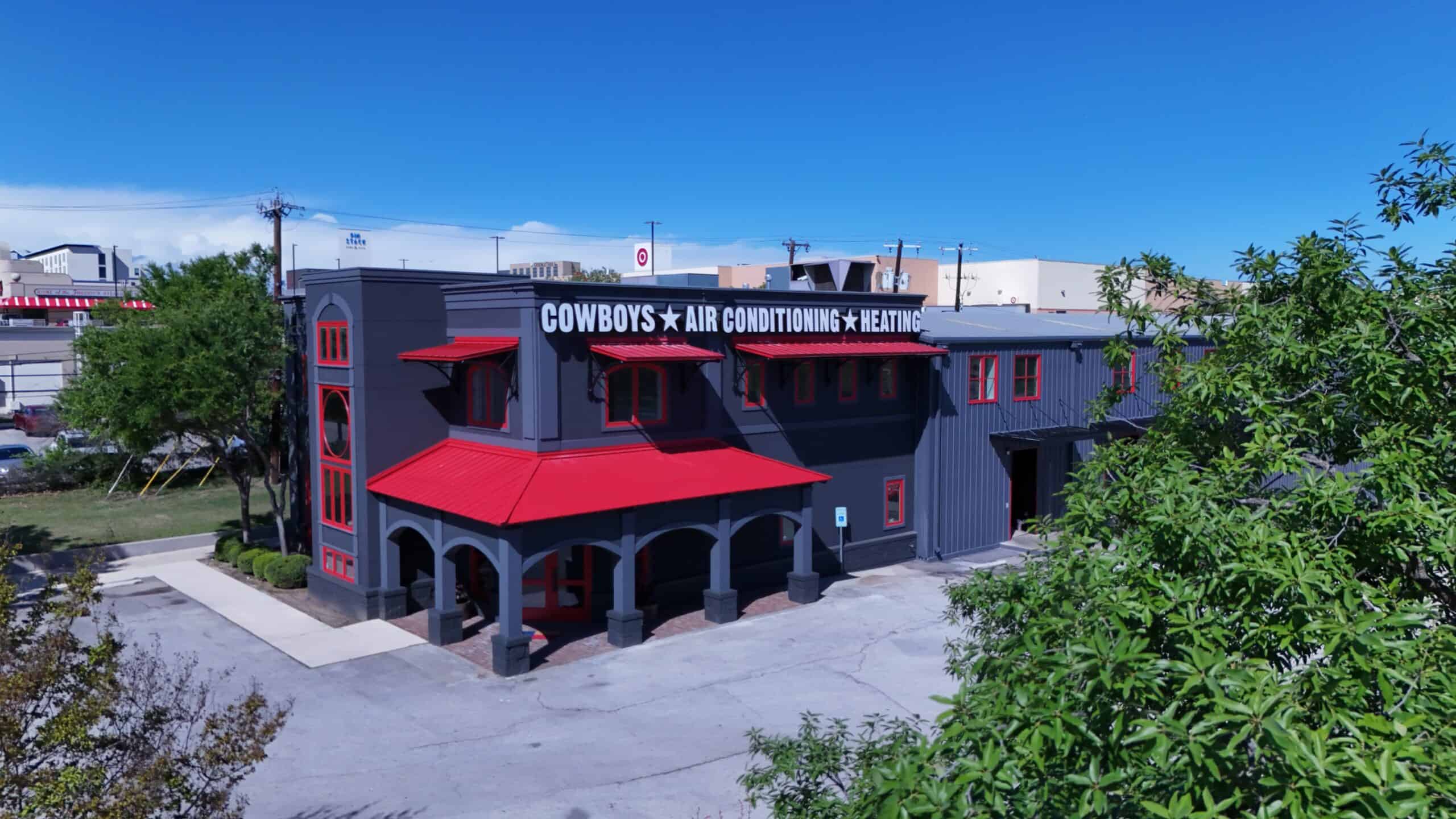 The Cowboy's Air Conditioning & Heating shop on Blanco Road, seen from the air