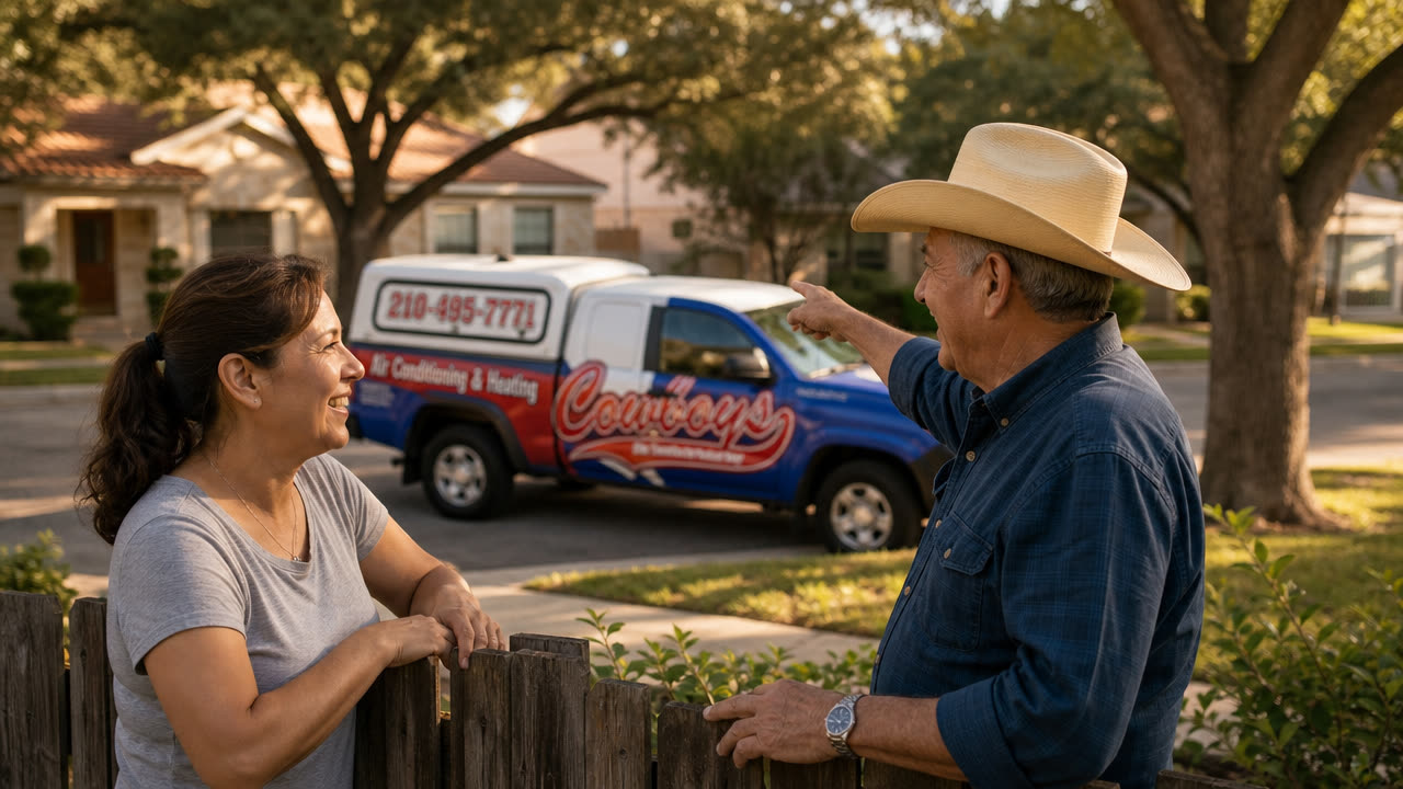Two neighbors talking over a fence with a Cowboys truck parked at the curb
