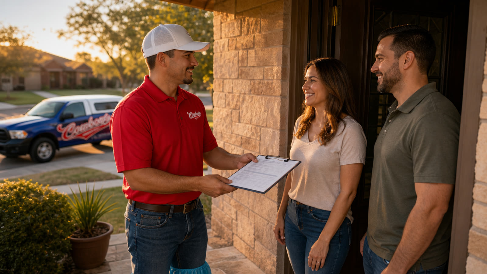 A Cowboy's technician hands a written estimate to a couple at their front door