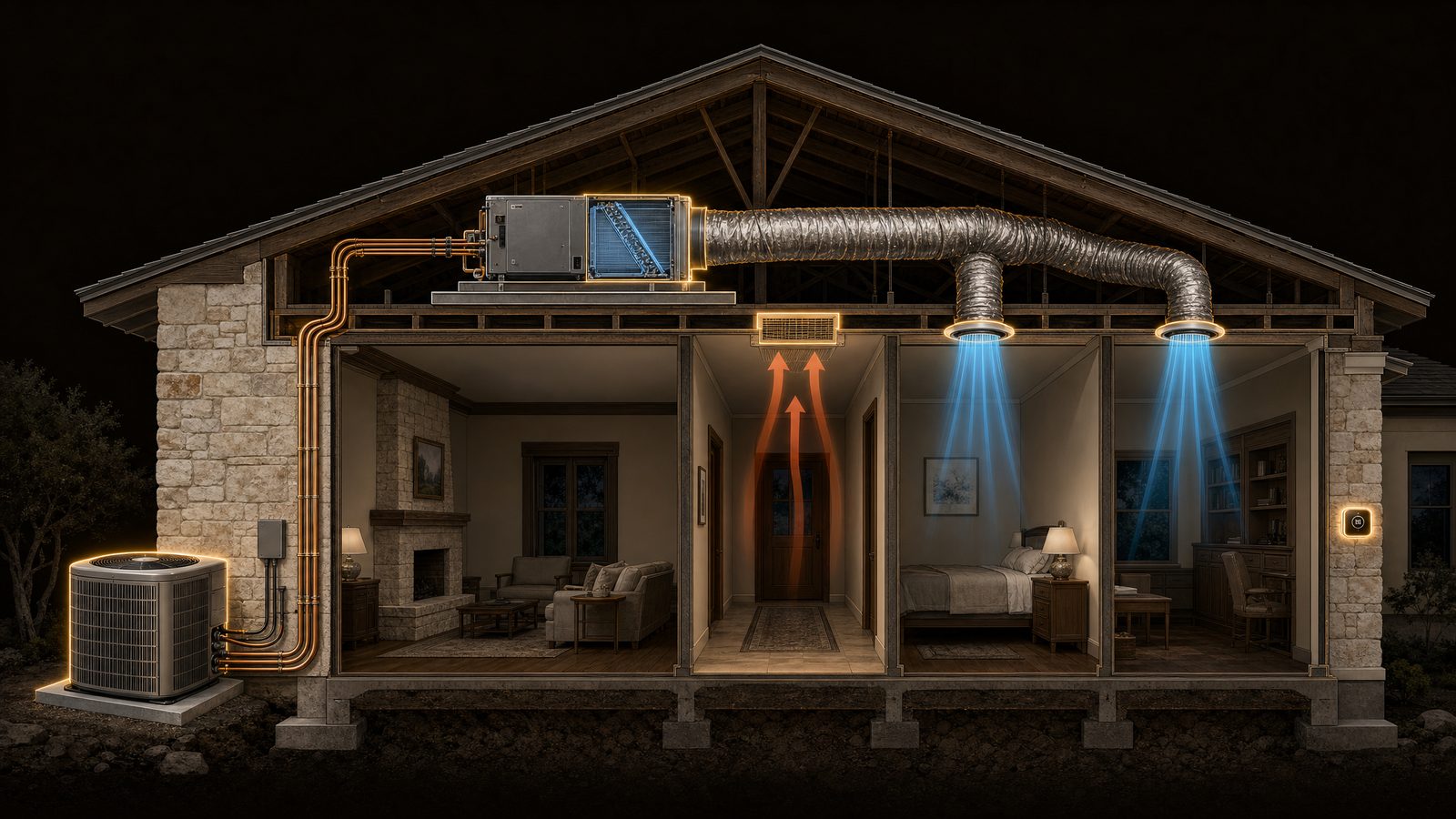 Cutaway of a San Antonio home showing the attic air handler, ducts and the condenser outside