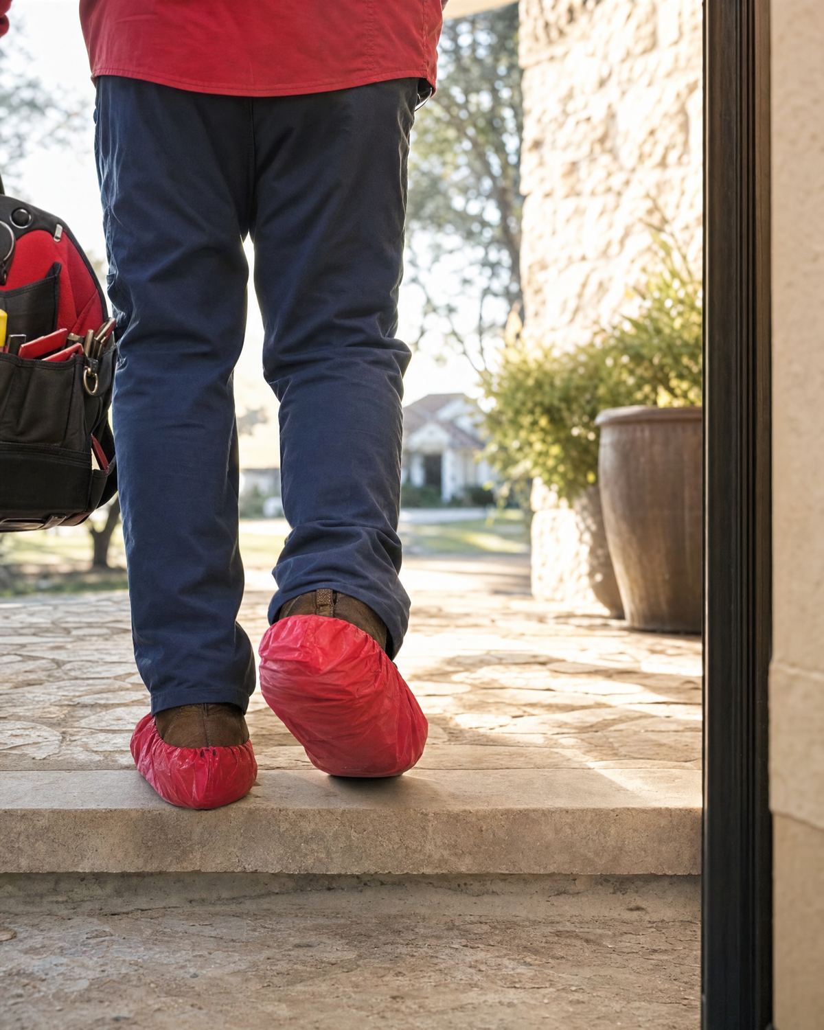 A Cowboy's tech in red boot covers stepping onto a limestone porch, tool bag in hand