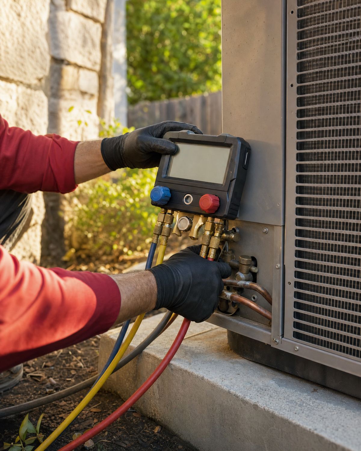 Gloved hands reading refrigerant pressures on gauges hooked to an outdoor unit
