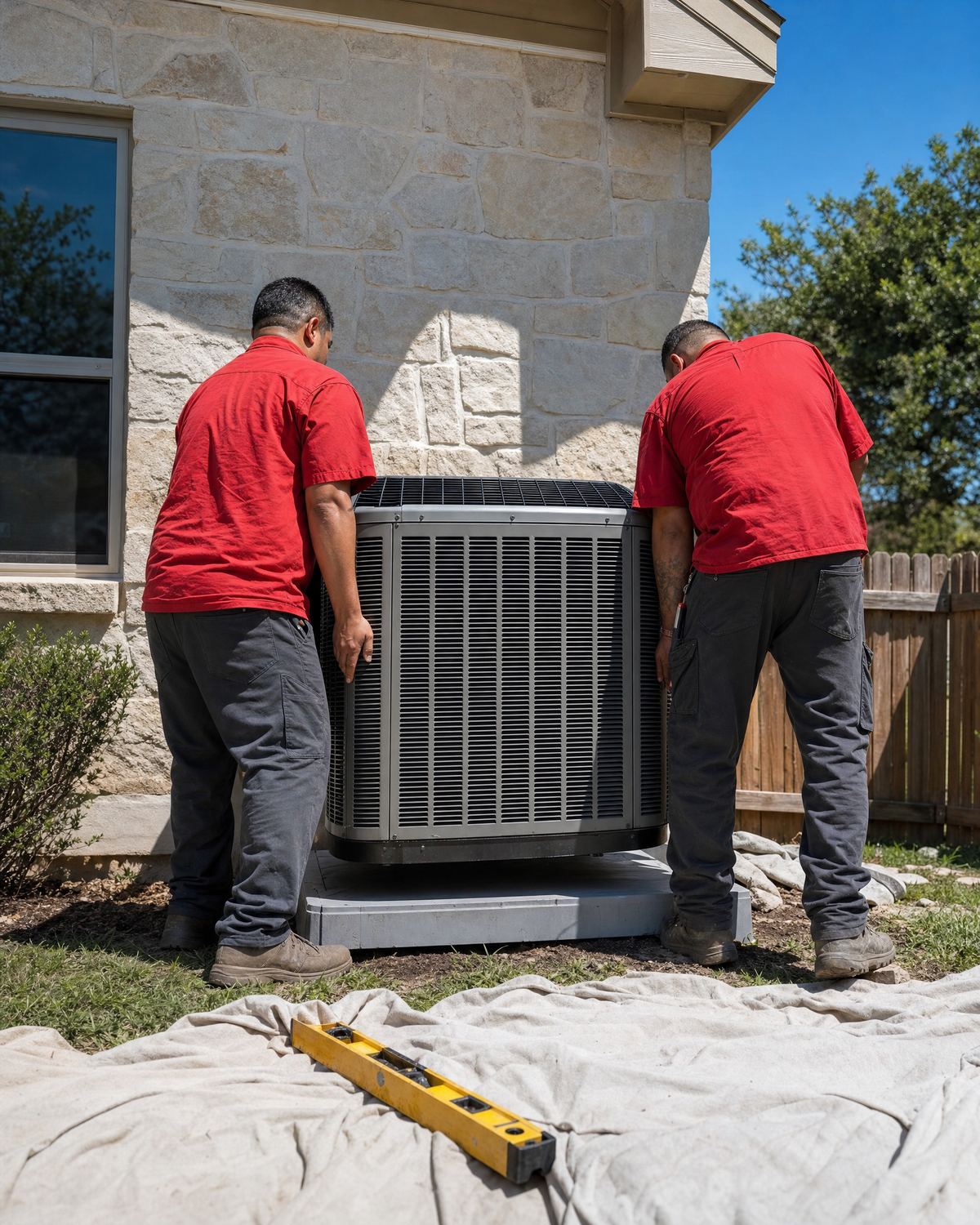 Two Cowboy's techs setting a new condenser onto its pad beside a stone house