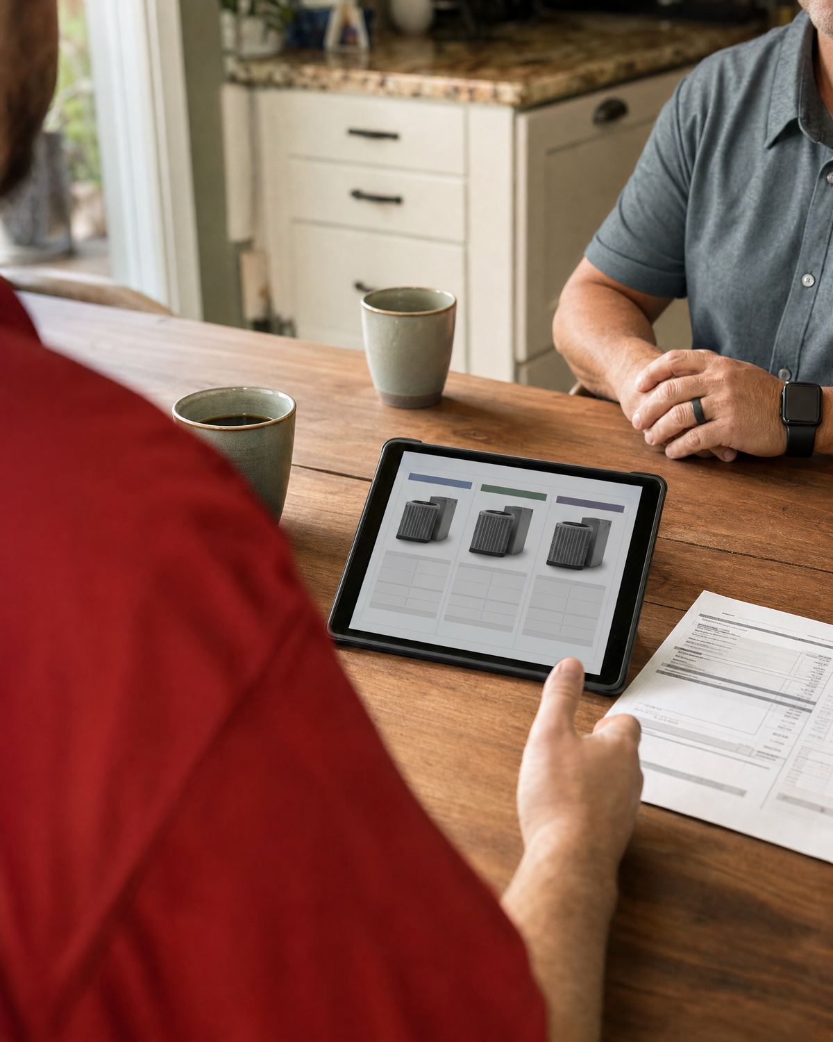 A Cowboy's tech at the kitchen table showing a homeowner system options on a tablet, price next to each